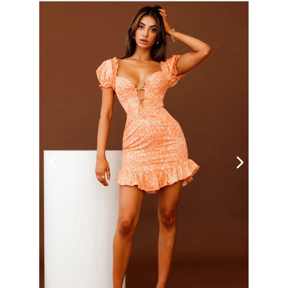 FIELD DREAMS PUFF SLEEVE TIE-UP BODICE‎ DRESS FLORAL PRINT SUNSET Size Large